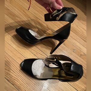 Michael Kors Black Open-Toe Ankle-Strap Stiletto Heels with Gold Buckle